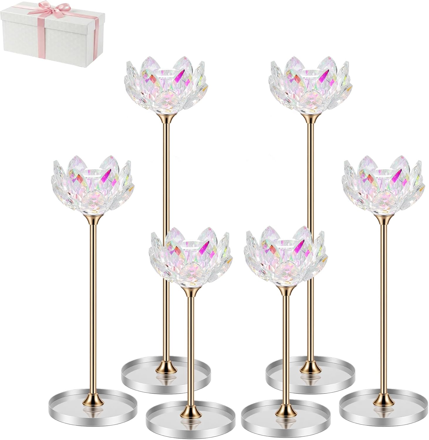 6pcs Crystal Candle Holders, Lotus Flower Candlestick Holders with Mirror Base, Metal Stand, Elegant Table Centerpieces for Home Decor, Wedding, Party (Taper Candle)