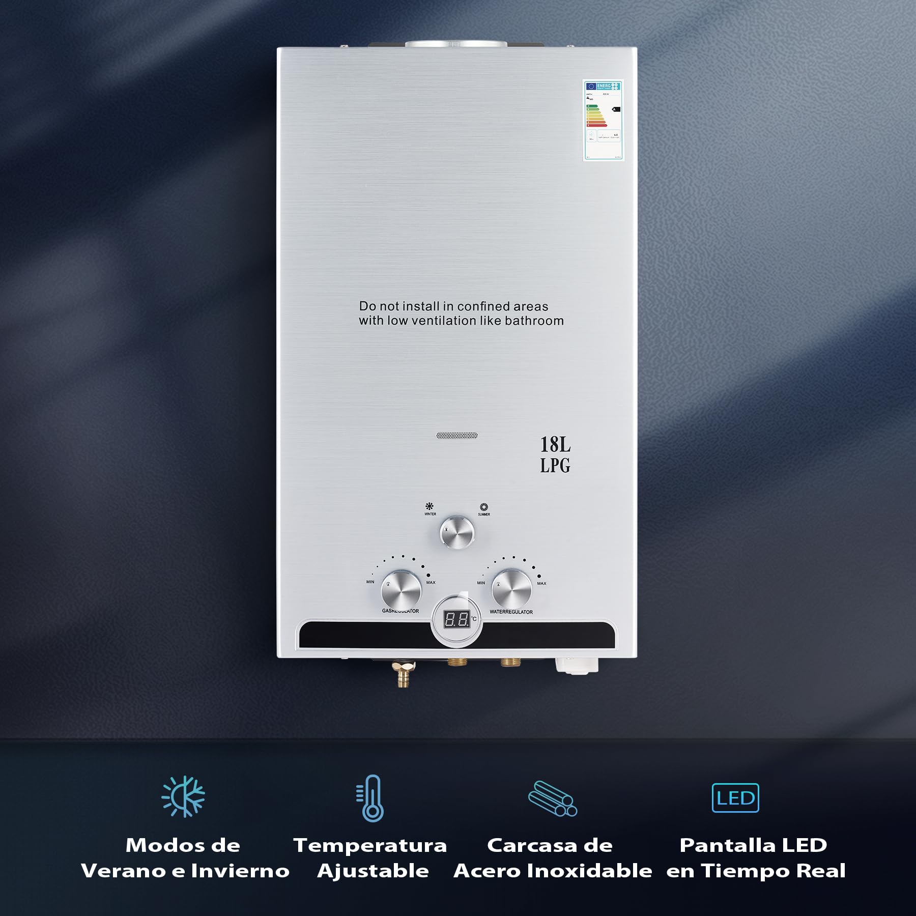 CO-Z 18L Calentador de Agua Butano Calentador de Agua LPG Instantáneo, Certificado CE, Calentador de Agua de Gas Licuado de Petróleo sin Tanque