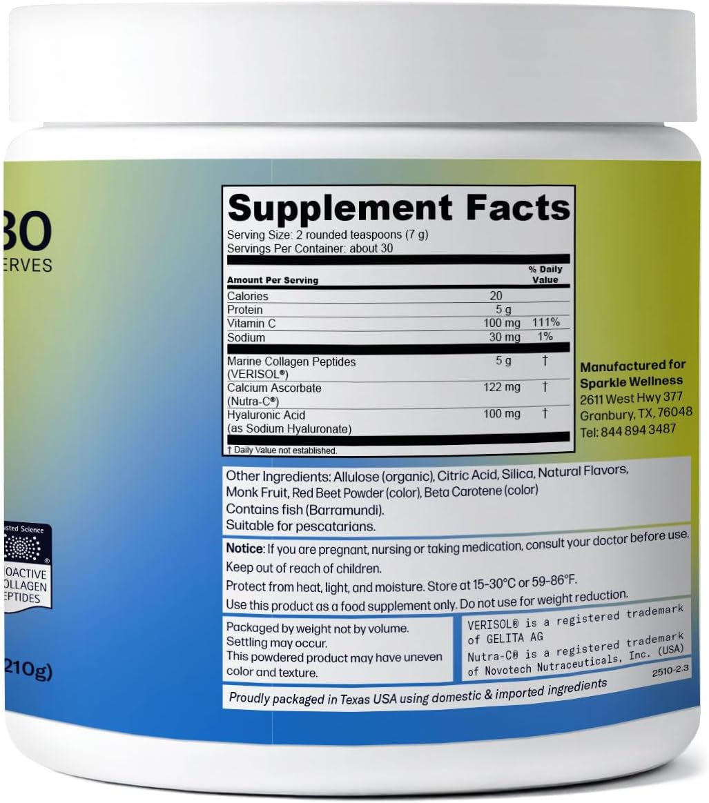 Sparkle Wellness Marine-derived VERISOL Bioactive Hydrolyzed Collagen Peptides | Collagen Powder Supplement with Vitamin C & Hyaluronic Acid | Marine Skin Boost Plus (Peach) [30-Serves]