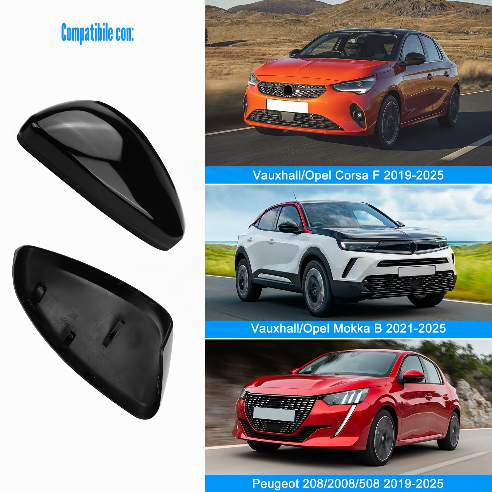 Copertura Specchietto Retrovisore per Opel Corsa F 2019-2025 | per Opel Mokka B 2021-2025, Tappo Copri Specchietto, Sinistro+Destro