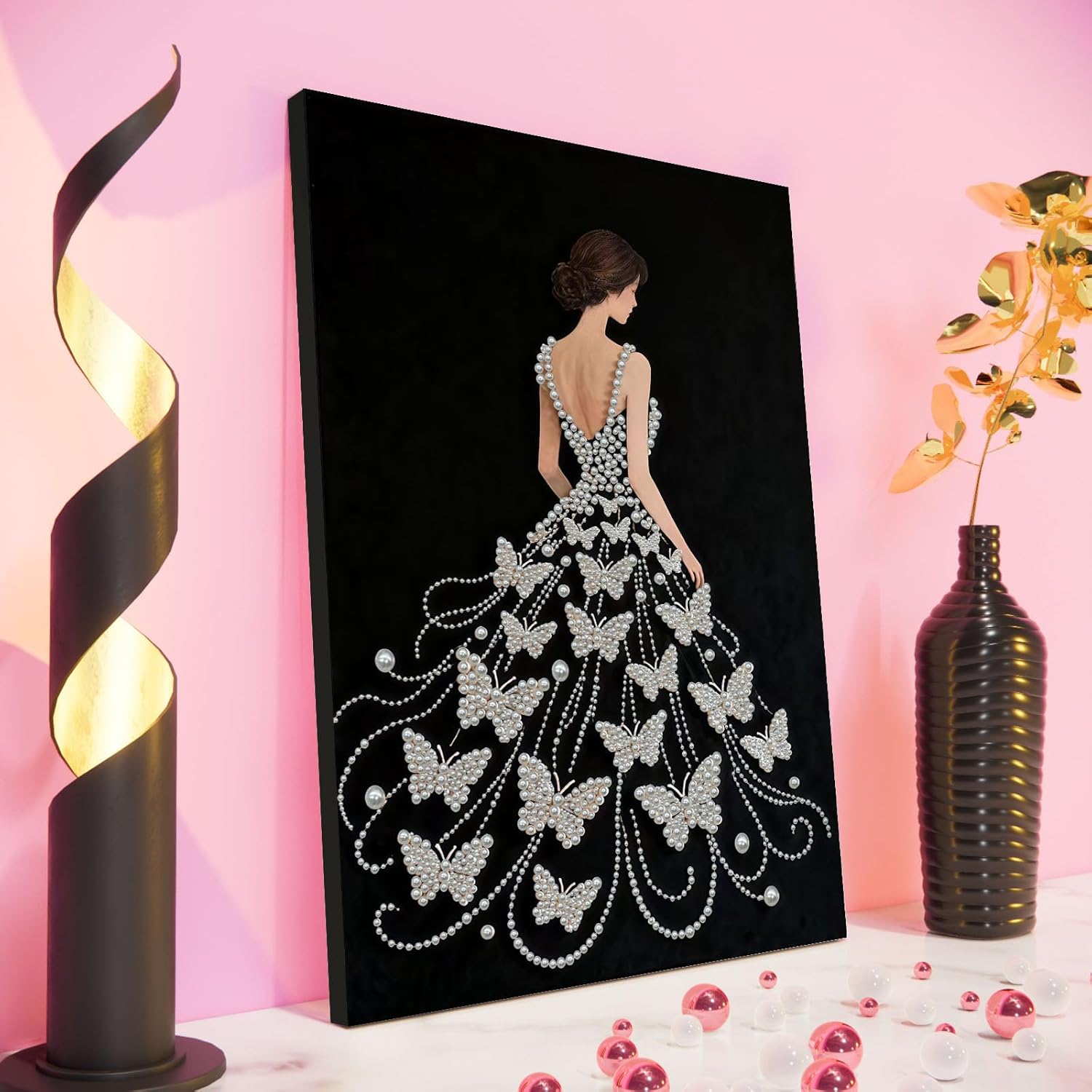 C'eitura Elegant Girl Pearl Diamond Art Painting Kit for Adults, DIY Full Drill Sparkling Portrait Gem Art with Frame 11.8x15.75 Inch, Feminine Home Wall Decor, Beautiful Craft Gift