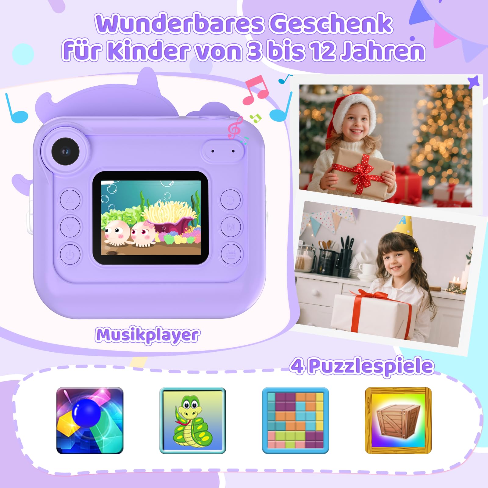 Fippesax Sofortbildkamera Kinder, 1080P HD Kinderkamera Sofortbildkamera mit 32-GB-Karte, 48MP Selfie Kamera Kinder Sofortdruck, Kinderspielzeug Geschenke für Mädchen & Jungen von 3-12 Jahren