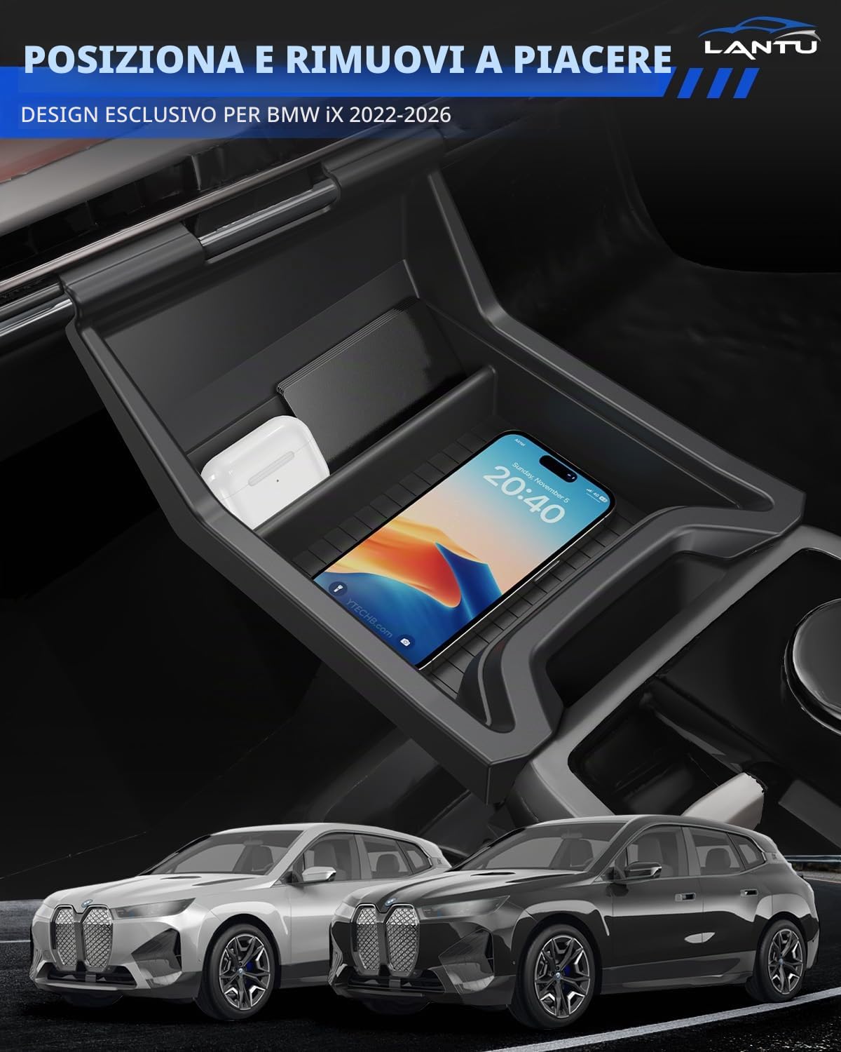 Vassoio Organizzatore per Console Centrale per BMW IX 2022-2026, Scatola Portaoggetti con Anti-Slip Silicone Liquido, Accessorio BMW IX, Design Brevettato (Superiore)