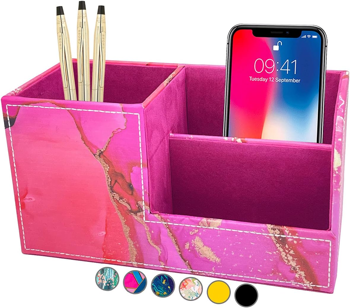 French KOKO PU Leather Desk Organizer Cute Pen Organizer for Desk Pen Holder Office Table Top Desktop Accessories Women Girls Work College Essentials Storage Modern Office Supplies (Marble Pink)
