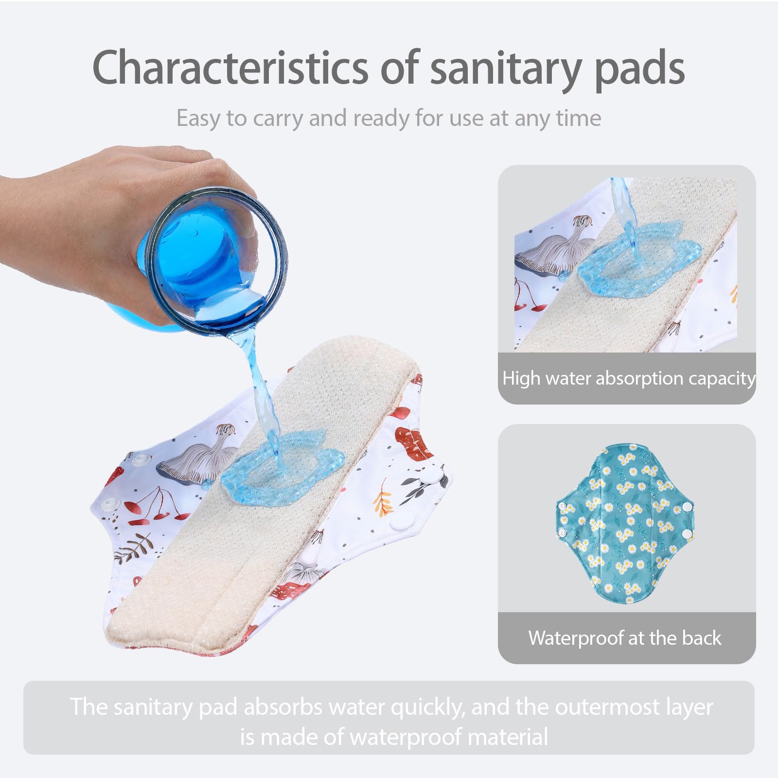 AIO Reusable Washable Cloth Menstrual Pads Sanitary Pad 8 pcs Pads and 2 Mini Wet Bag
