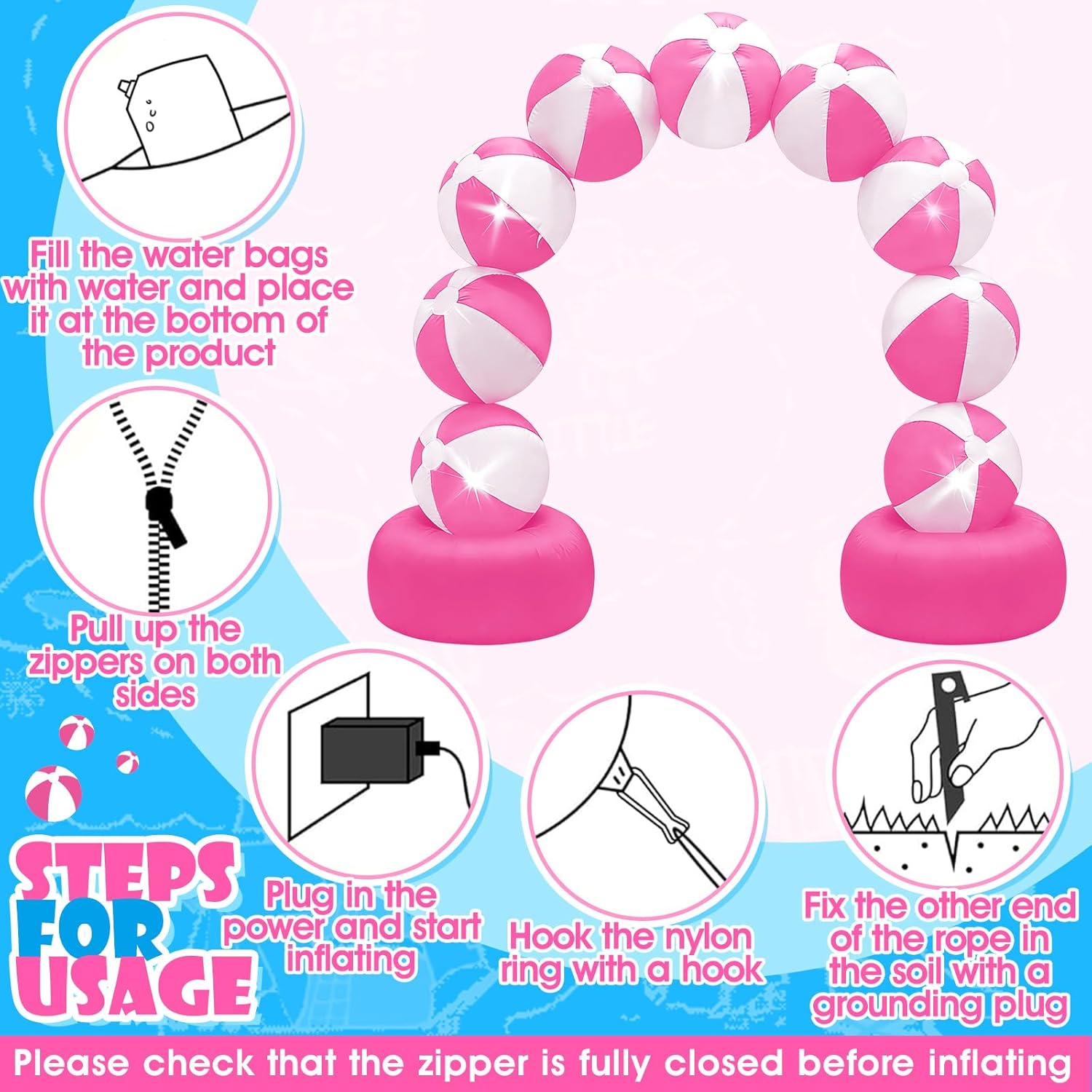 8FT Inflatable Beach Ball Arch Built-in 5 LED Lights Pink Blow Up Archway for Summer Outdoor Decorations Tropical Luau Carnival Pool Beach Birthday Party Supplies Yard Garden Lawn Photo Backdrop