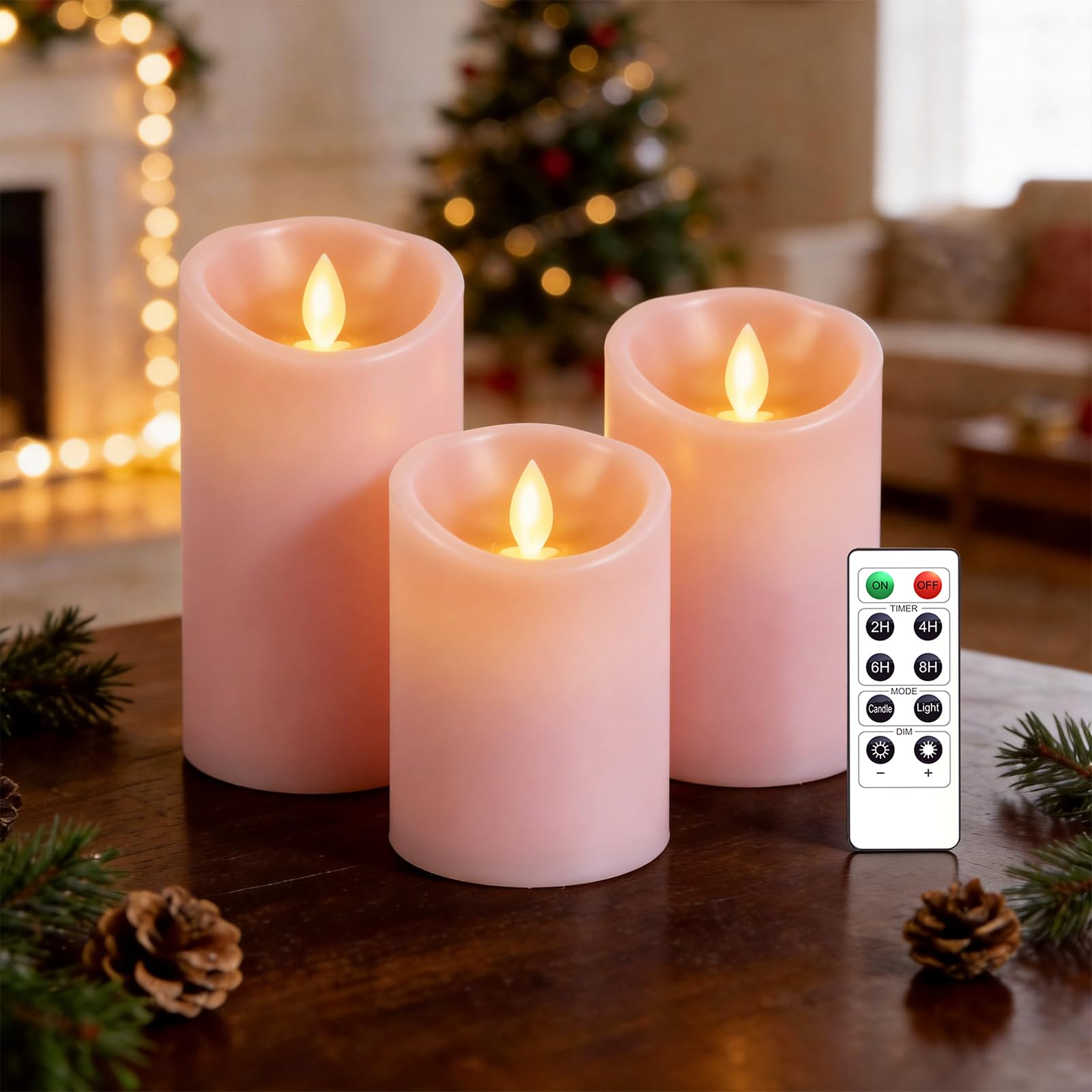 AnnSpa 3 Set LED Candle Battery Operated with 10-Key Remote Control and Cycling 24 Hours Timer, Flameless Real Wax Flickering Moving Wick Flickering Amber Halloween Decorative Gift - Pink