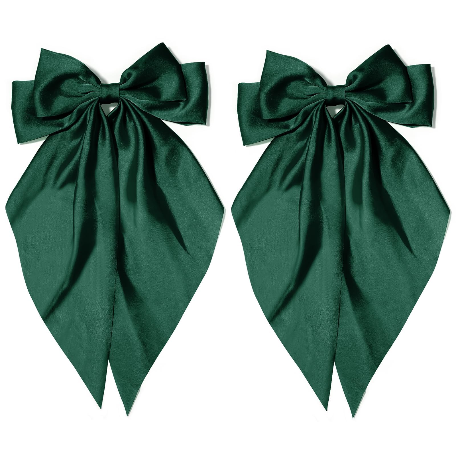 Big Silky Satin Hair Bows for Women - 2 Pcs Large Barrettes Clips - Oversized French Bowknot Ribbons in Cream and Black (Green 2Pcs)
