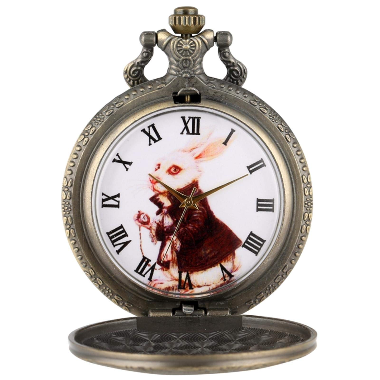 RUVANE Taschenuhr-Halskette, Bronze, Alice im Wunderland, süßer Hase, Quarz-Taschenuhr, Anhänger, Halskette, Kette, Uhr mit Karussell-Zubehör, mit Krückenhase Star of Light