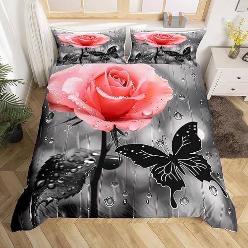 Juego de funda de edredón con diseño de rosas rosadas y mariposas, tamaño Queen, para niños, niñas y mujeres, funda de edredón romántica con flores