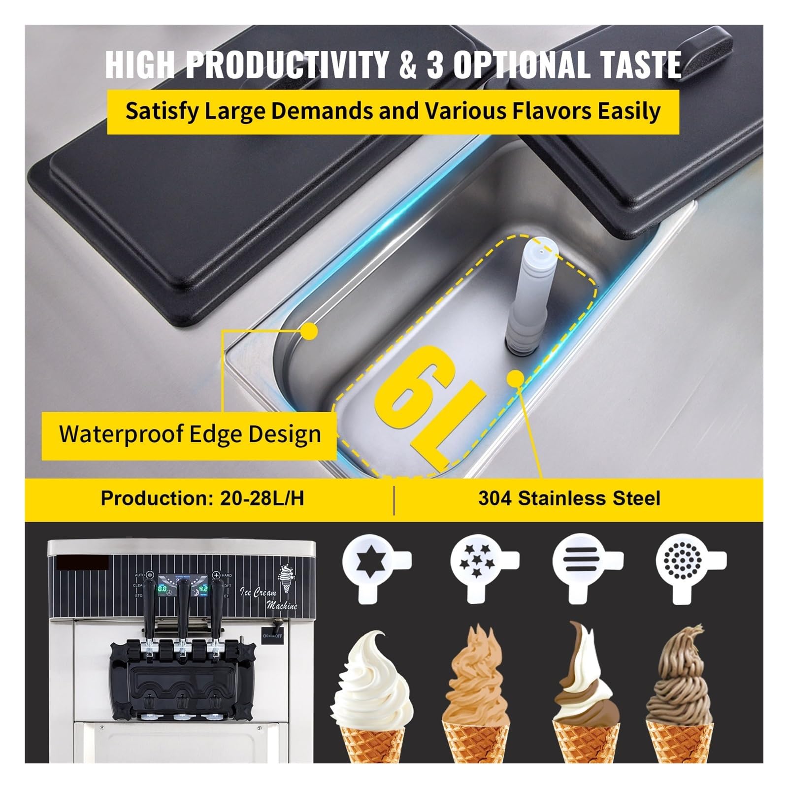 Máquina Comercial de Helados Suaves 2200W 20-28L/H Máquina for Hacer Helados Tolvas Dobles de 6L Máquina for Hacer Helados YKF-8228H(with Cone Holder)