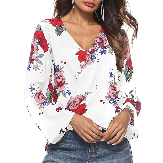 myaddiction Women's V-Neck Bell Sleeve Blouse Floral Print Wrap Front Top Shirt XL White Clothing, Shoes & Accessories | Womens Clothing | Tops & Blouses