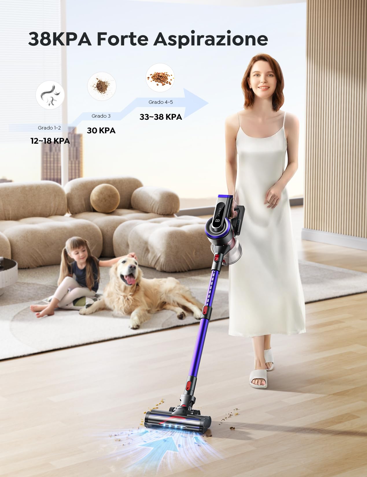 Aspirapolvere Senza Fili 450W/38Kpa, 55Min Batteria Rimovibile,Scopa Elettrica Senza Potente Fili con Rilevazione della Polvere, 1.5L Anti-Avvolgimento Aspirapolvere per Pavimenti Tappeti per Animali.