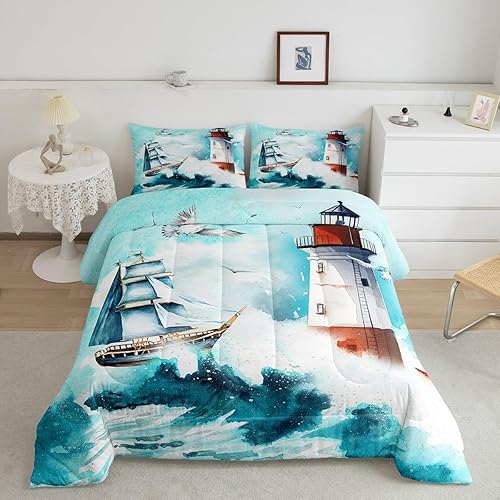 Castle Fairy Juego de edredón náutico tamaño individual, juego de ropa de cama de 2 piezas para niños, adolescentes, niños, niñas, decoración de