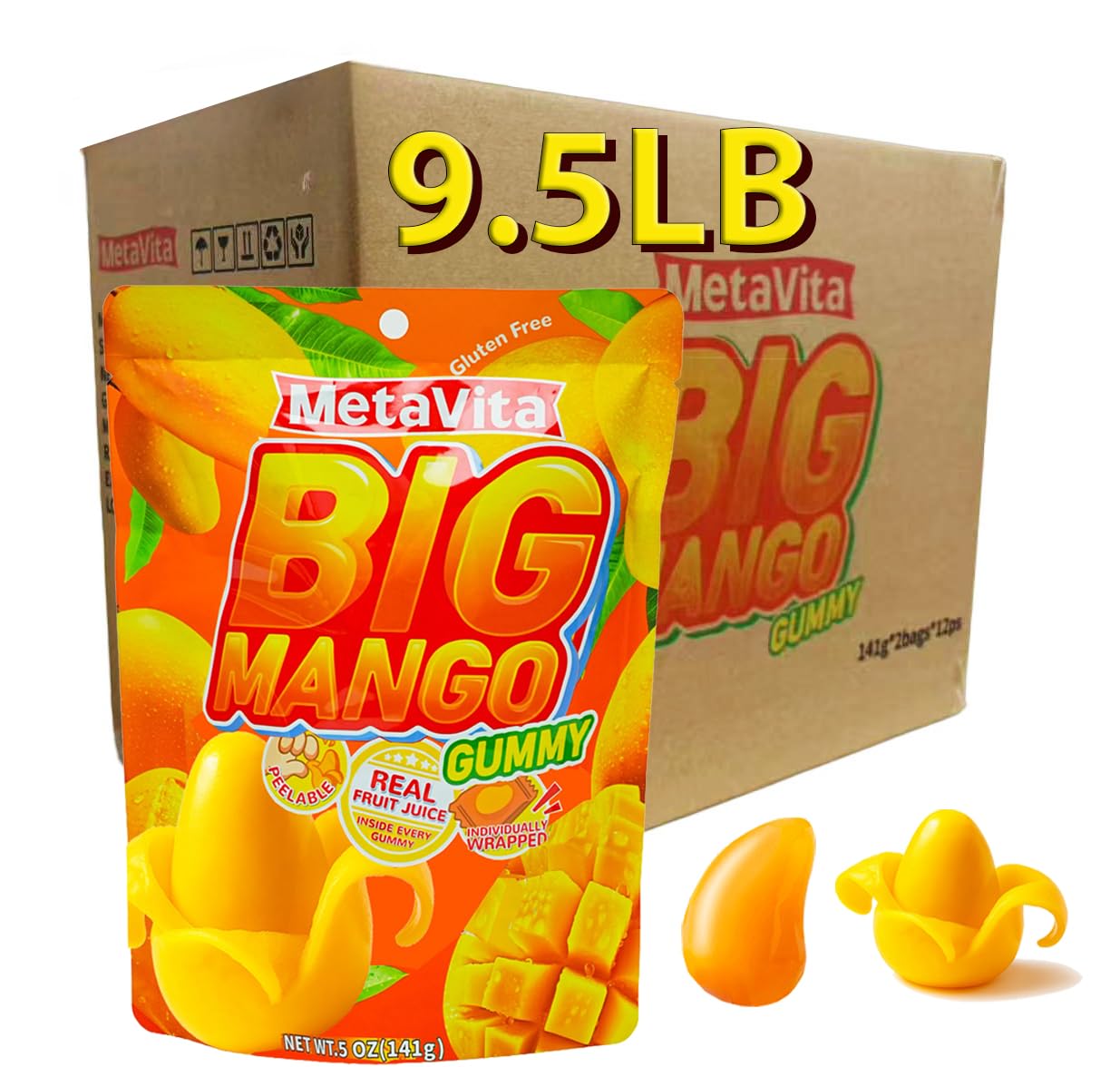 (24 Packs, 9.5LB) MetaVita Peelable Big Mango Gummy Candy – Individually Wrapped Fun Size Gummies for Halloween Candy, Trick-or-Treat, Party Snacks & Gifts for Kids & Adults