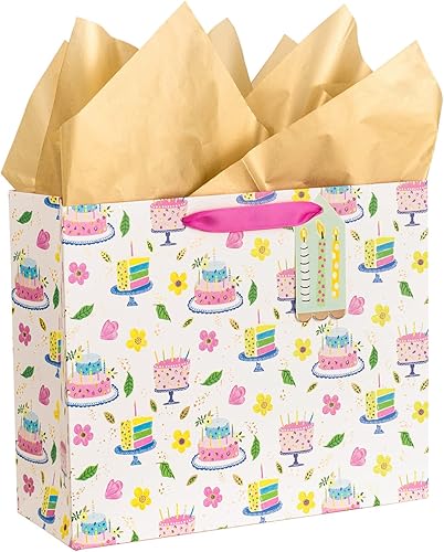 MAYPLUSS Bolsa de regalo grande de 12.5 pulgadas con papel de seda para cumpleaños, patrones de pasteles con lámina dorada