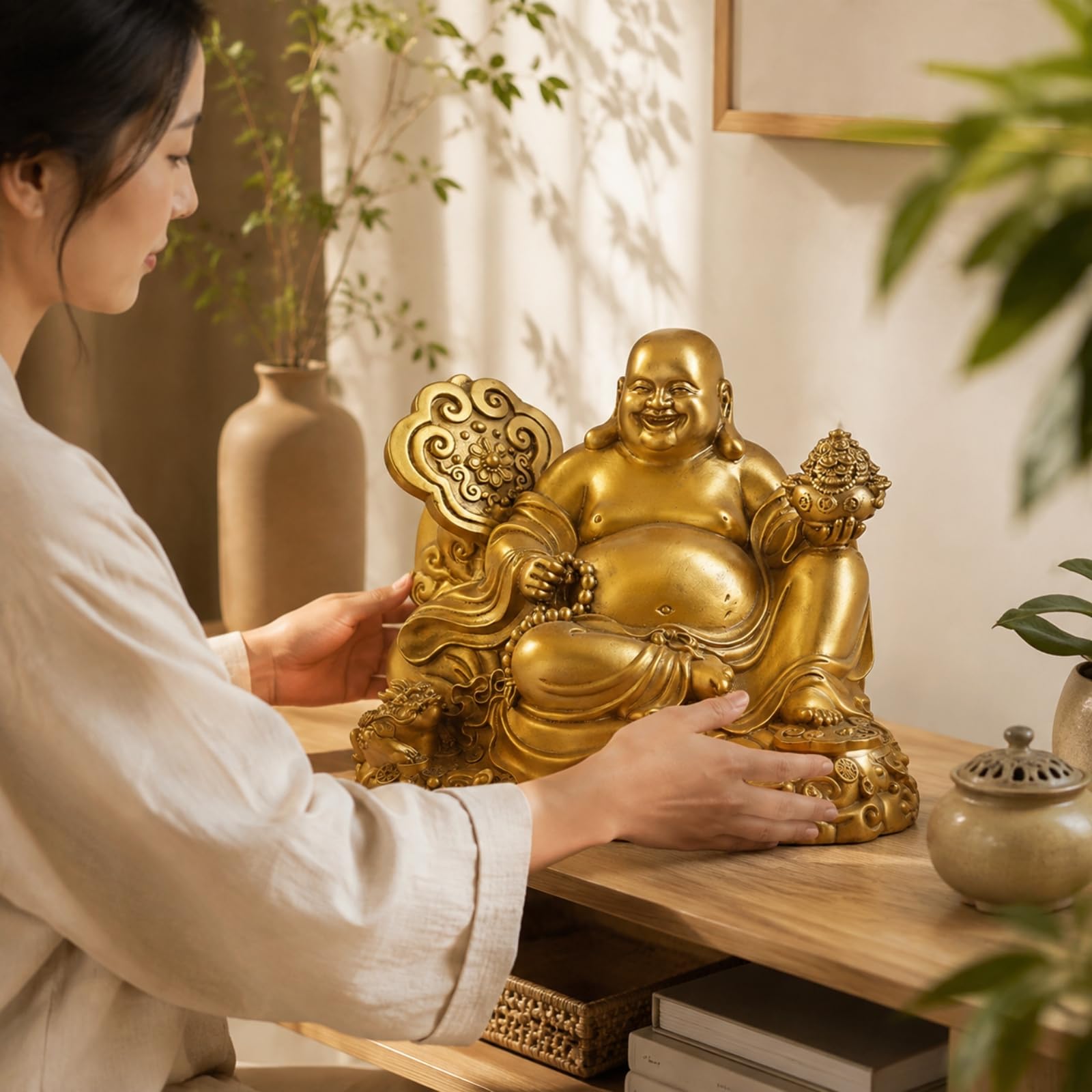 Statue Bddha Maitreya Rieur en Cuivre Décoratif Statue Bddha Rieur Religieux Statute Maitreya pr Bureau, 38CM