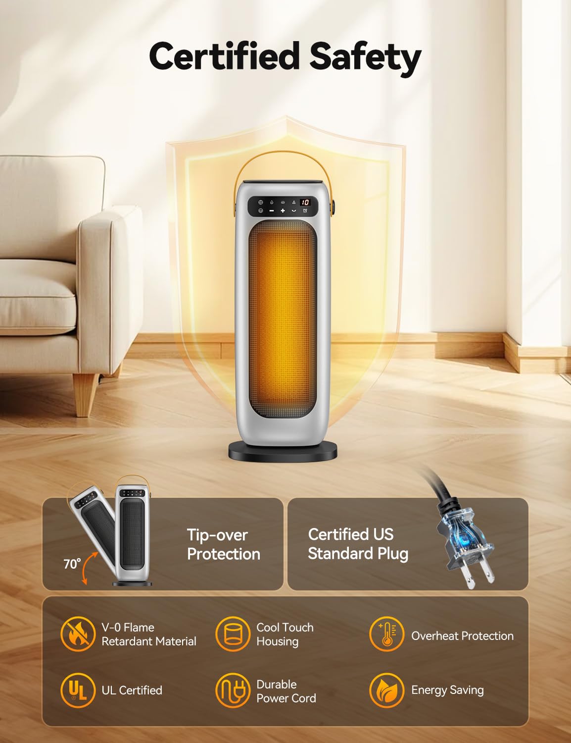 Elektryczny grzejnik ceramiczny PTC 1500W do domu z pilotem, 4 poziomy ogrzewania, dotykowy wyświetlacz LED, oscylacja 110°, timer 10h, zabezpieczenie przed przegrzaniem i przewróceniem, przenośny.