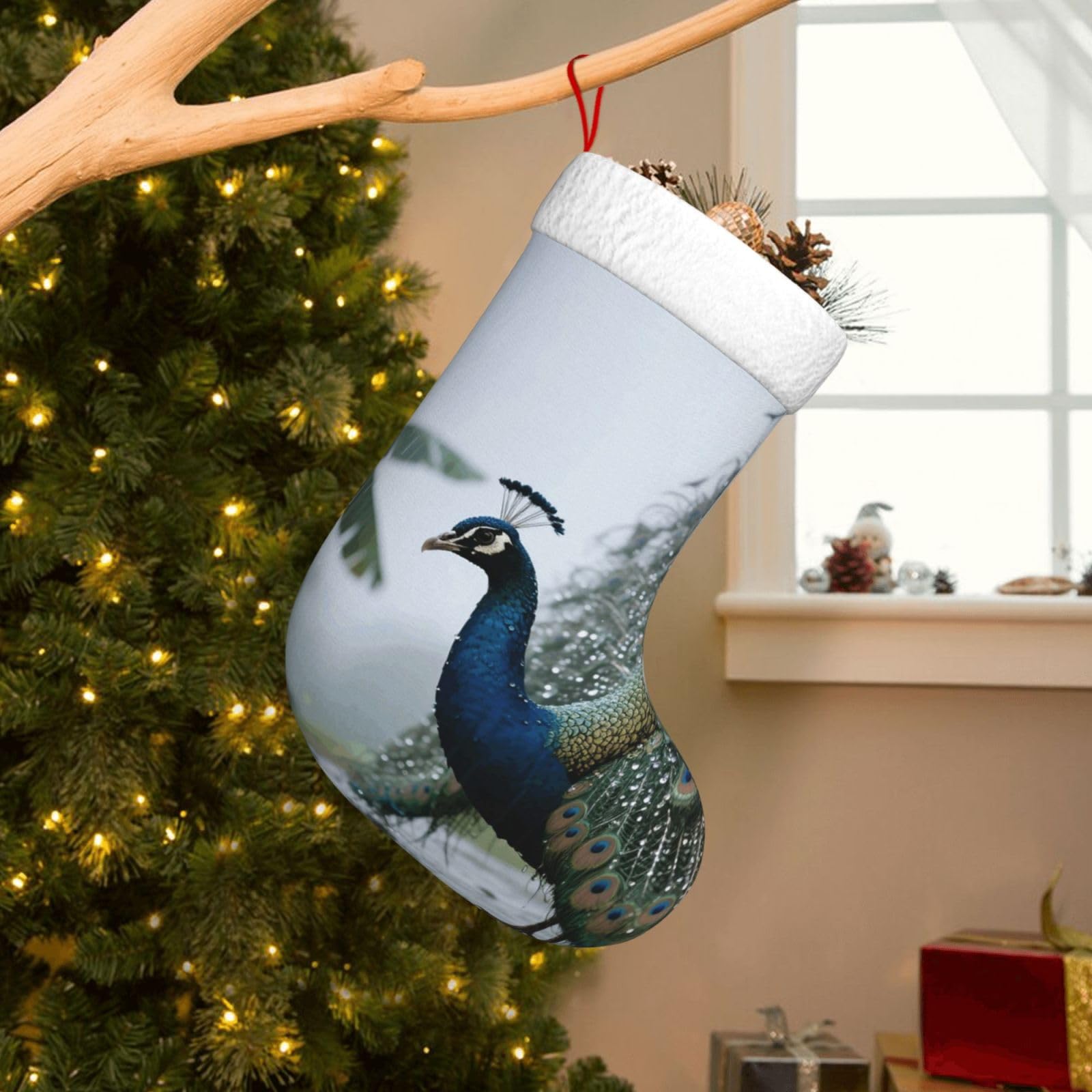Velvet Christmas Stockings 17.7 Inch, Peacock Xmas Stocking with Soft Cuff,Classic Personalized Christmas Tree Decoration for Family Holiday New Year Party Supplies
