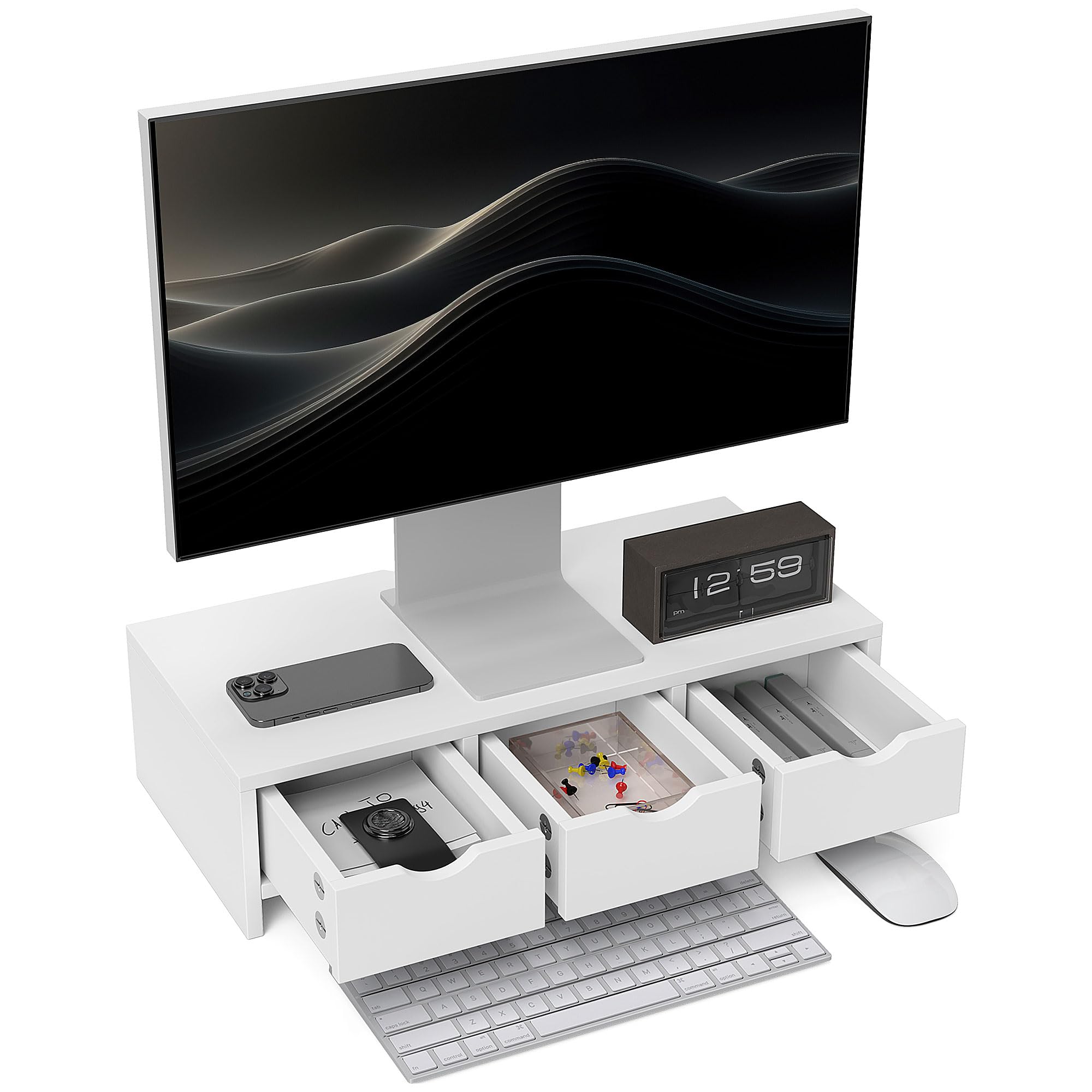 Homcom White Monitor Stand Riser With 3 Drawers For Laptop, Computer, Pc,
