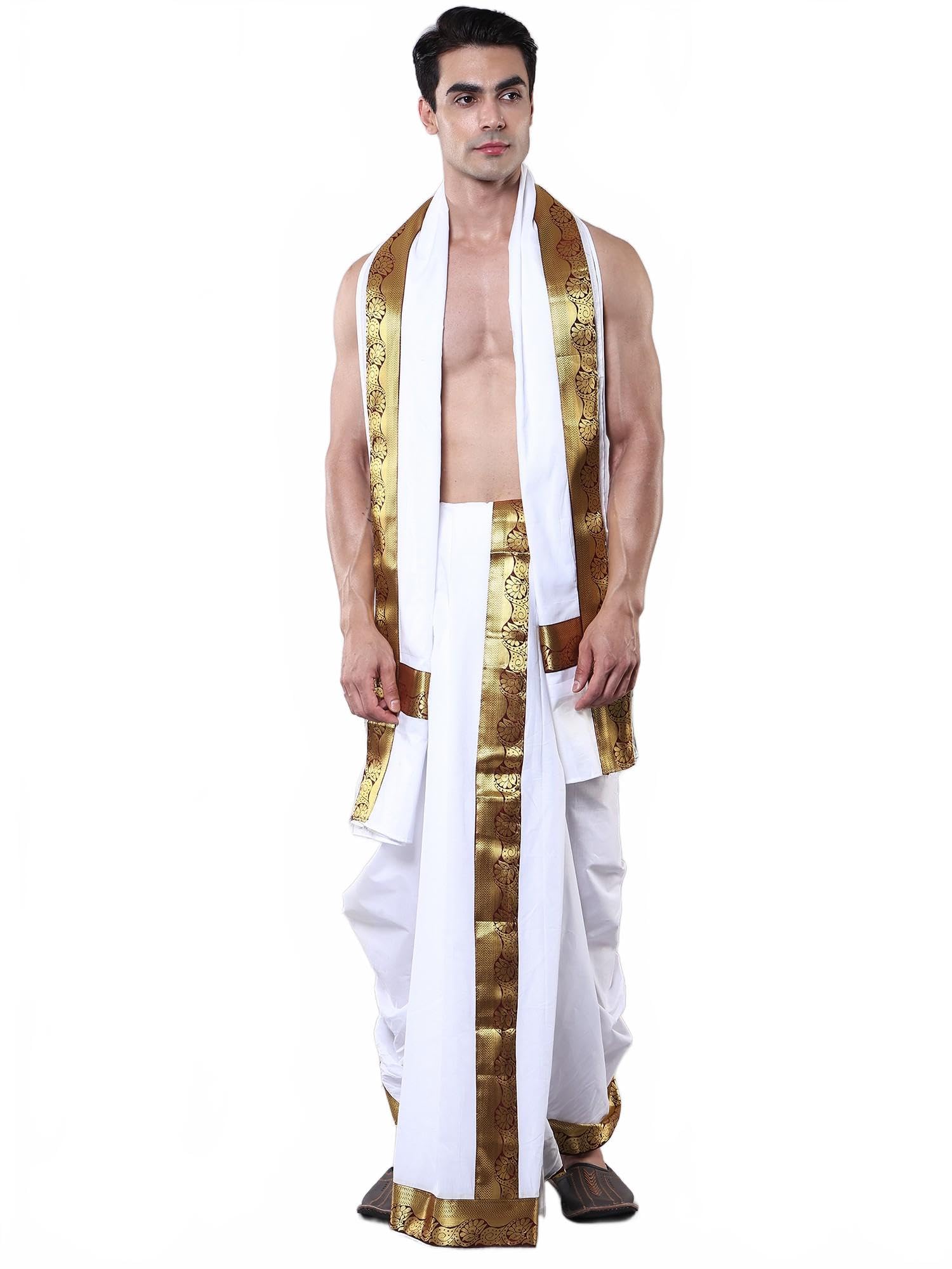 Cotton Dhoti Angavastram Set from Banaras with Zari Floral Border Weave | Men's Dhoti Angvastram Worship Wear-image-37