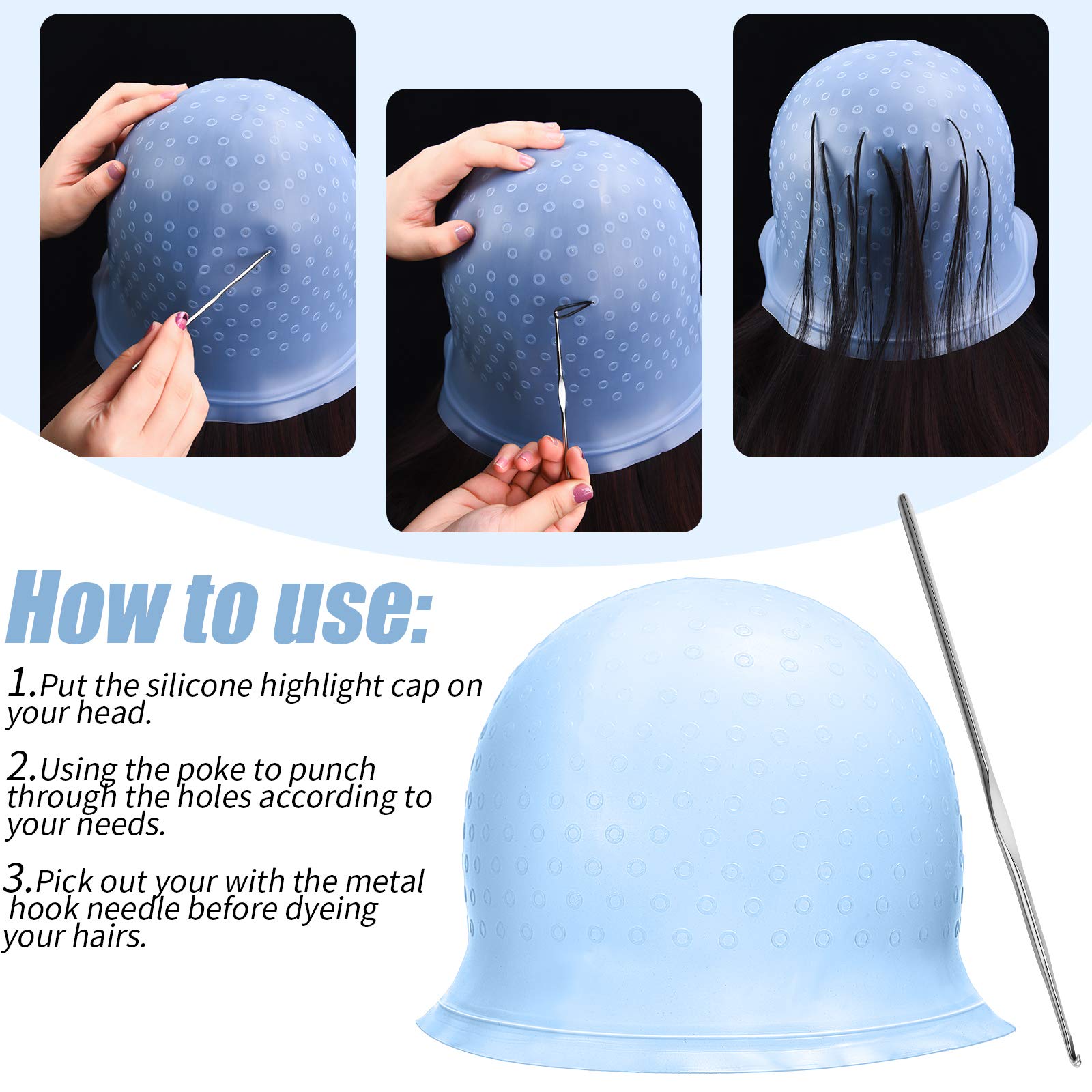 3 Pieces Reusable Silicone Hair Staining Cap Multicolor Hair Coloring Dye Cap with Metal Hook Silicone Hair Coloring Cap for Home Salon Hairdressing Tools (Blue, White, Purple) 3