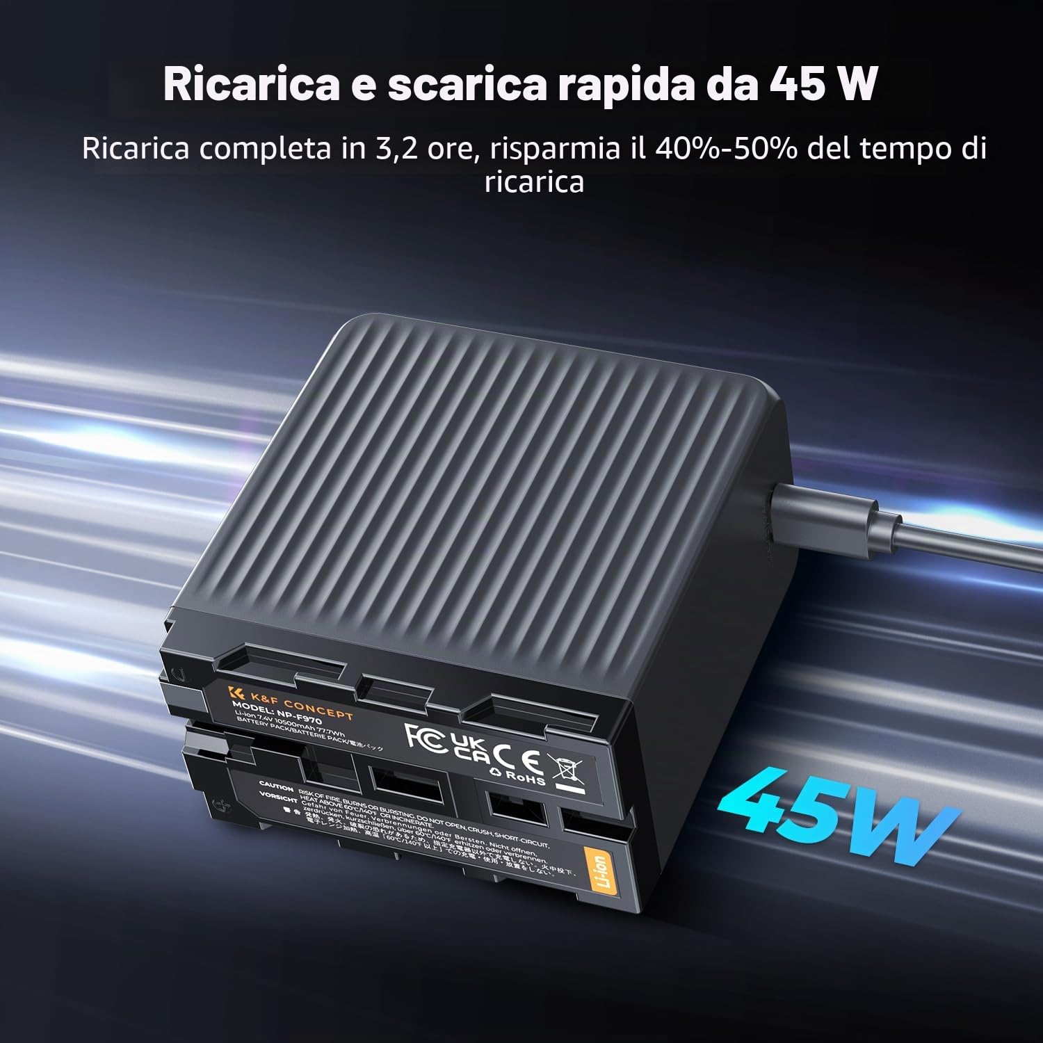 K&F CONCEPT 10500 mAh NP-F970 Batteria (porta USB-C), Ricarica Rapida PD 45 W Compatibile con FX3/A7 IV/A7S III, R5/R6 e Z8, e Adatta Alimentazione di Luci LED e Monitor