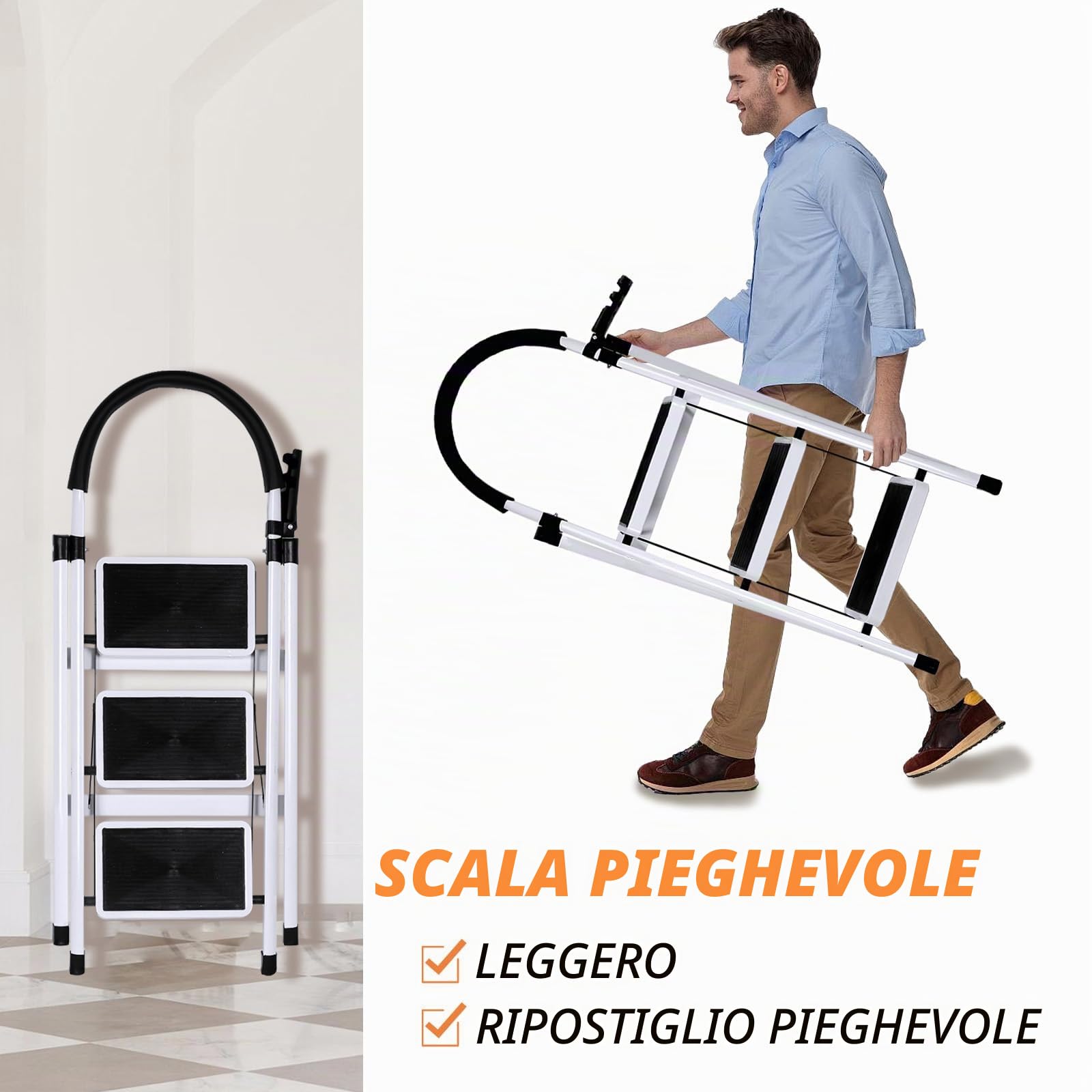 Scaletta pieghevole a 3/4/5 gradini di carico massimo di 150 kg, blocco di sicurezza, pedali larghi braccioli a scala a scomparsa leggeri per casa, cucina, armadio e ufficio (bianco-3 gradini)