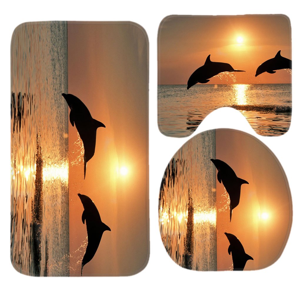 Bottlenose Dolphin Jumping at Sunset Bath Mat Set,3 Piece Bathroom Mats Set Non-Slip Bathroom Rugs/Contour Mat/Toilet Cover by TEYAYA