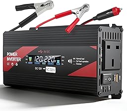 2000W Power Inverter 12V to 240V with LCD Display, 2 UK Sockets & USB Port, Modified Sine Wave Car Inverter for Camping, RV, Truck, Home Use – High Efficiency >95%, Safety Protections (Red)