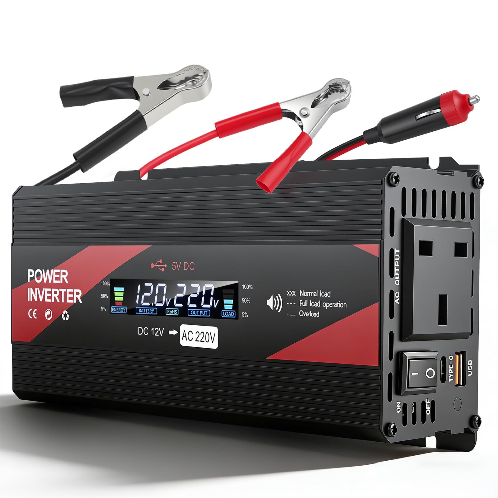 2000W Power Inverter 12V to 240V with LCD Display, 2 UK Sockets & USB Port, Modified Sine Wave Car Inverter for Camping, RV, Truck, Home Use – High Efficiency >95%, Safety Protections (Red)