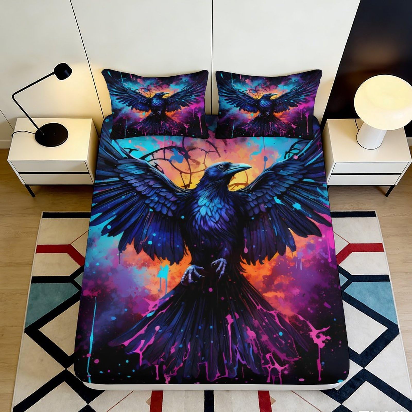 3D Printed Raven Crow Fitted Sheet Microfiber Soft Breathable Colorful Abstract Bed Cover for Bedroom Dormitory Guest Room Mattress Protection 120x200x25cm
