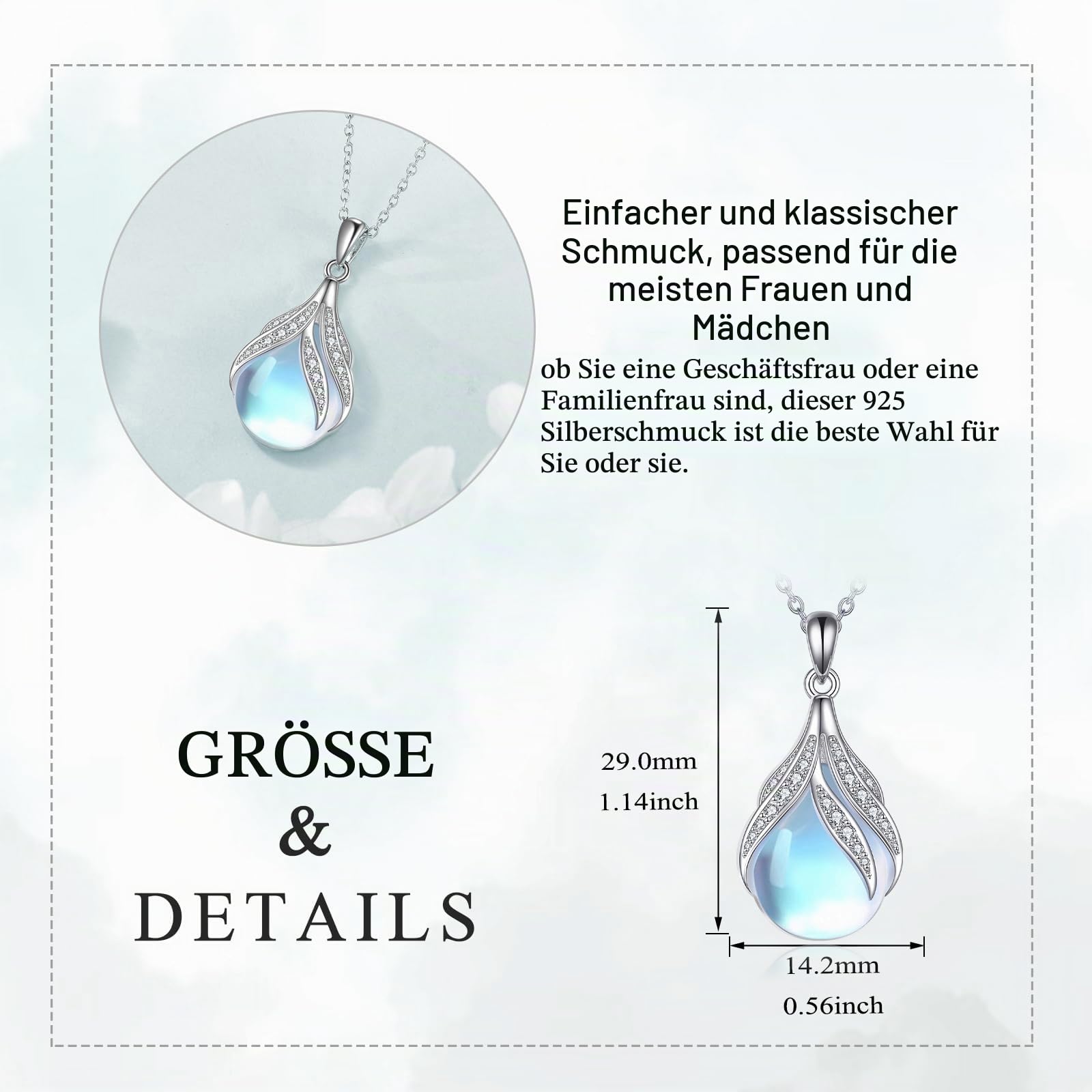 YAFEINI Tropfen/Herz Mondstein Kette für Damen Sterling Silber Filigrane Anhänger Halskette Blauer Edelstein Schmuck Geschenke für Mutter Ehefrau Tochter