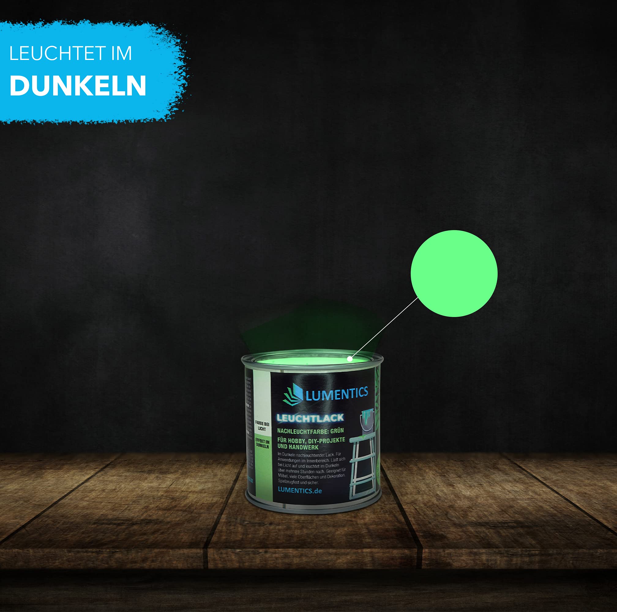lumentics Vernis fluorescent de qualité supérieure - 250 ml - Vert - Brille dans le noir - Flacon pratique refermable - Phosphorescent - Pigments UV - Convient à tout le monde.