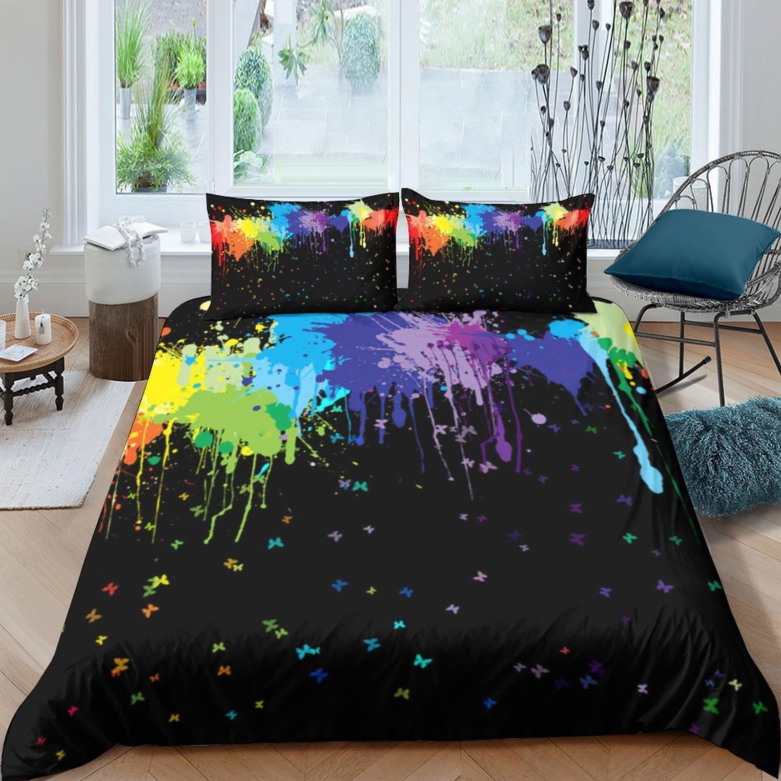 Ctjqhvkz Style-4 3D Printed Colorful Paint Splash Fitted Sheet Microfiber Soft Black Rainbow Drip Mattress Cover Bedroom Decor Single（135X200cm）