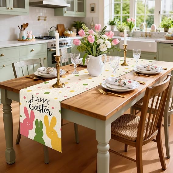 Artscope Happy Easter Peeps Bunny Table Runner Spring Easter Holiday with Pink Green Yellow Rabbit Pattern Seasonal Kitchen Dining Table Runner Decoration for Home Spring Party Decor 40x240cm