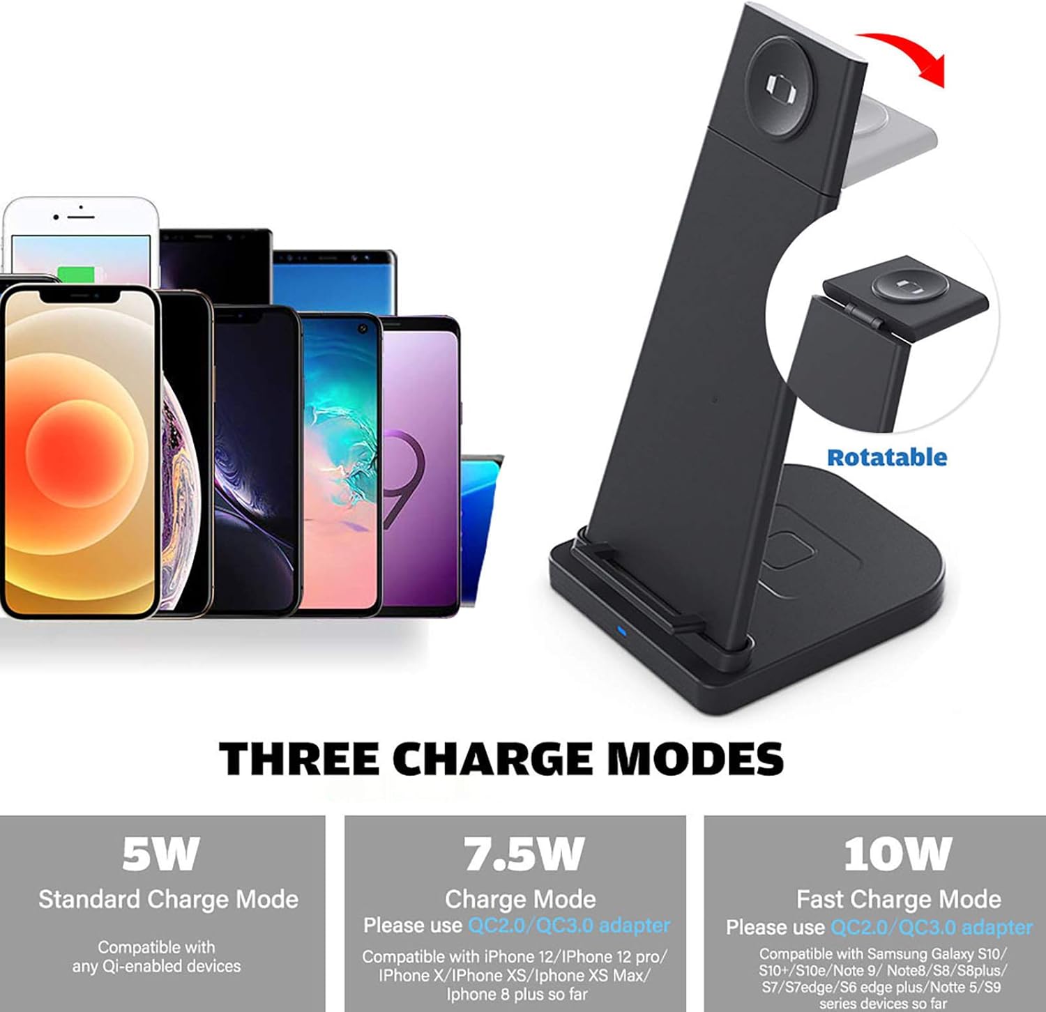 Free Shipping Over $50 Wireless Charger,3 in 1 Fast Wireless Charging Stand, Fast Wireless Charging Dock,Compatible with Airpods/iwatch/iPhone 11/11Pro/11 Pro Max/Xs Max/XR/Xs/Galaxy S20 and More(No AC Adapter)