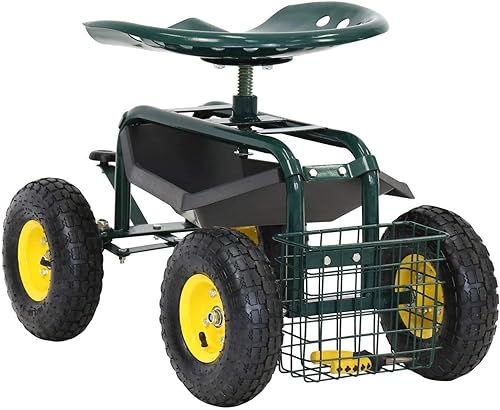 Miniatura 5 de kinbor Carrito de jardín rodante  Patinete de jardín para patio al aire libre, asiento de trabajo de jardinería con asiento ajustable, bandeja,