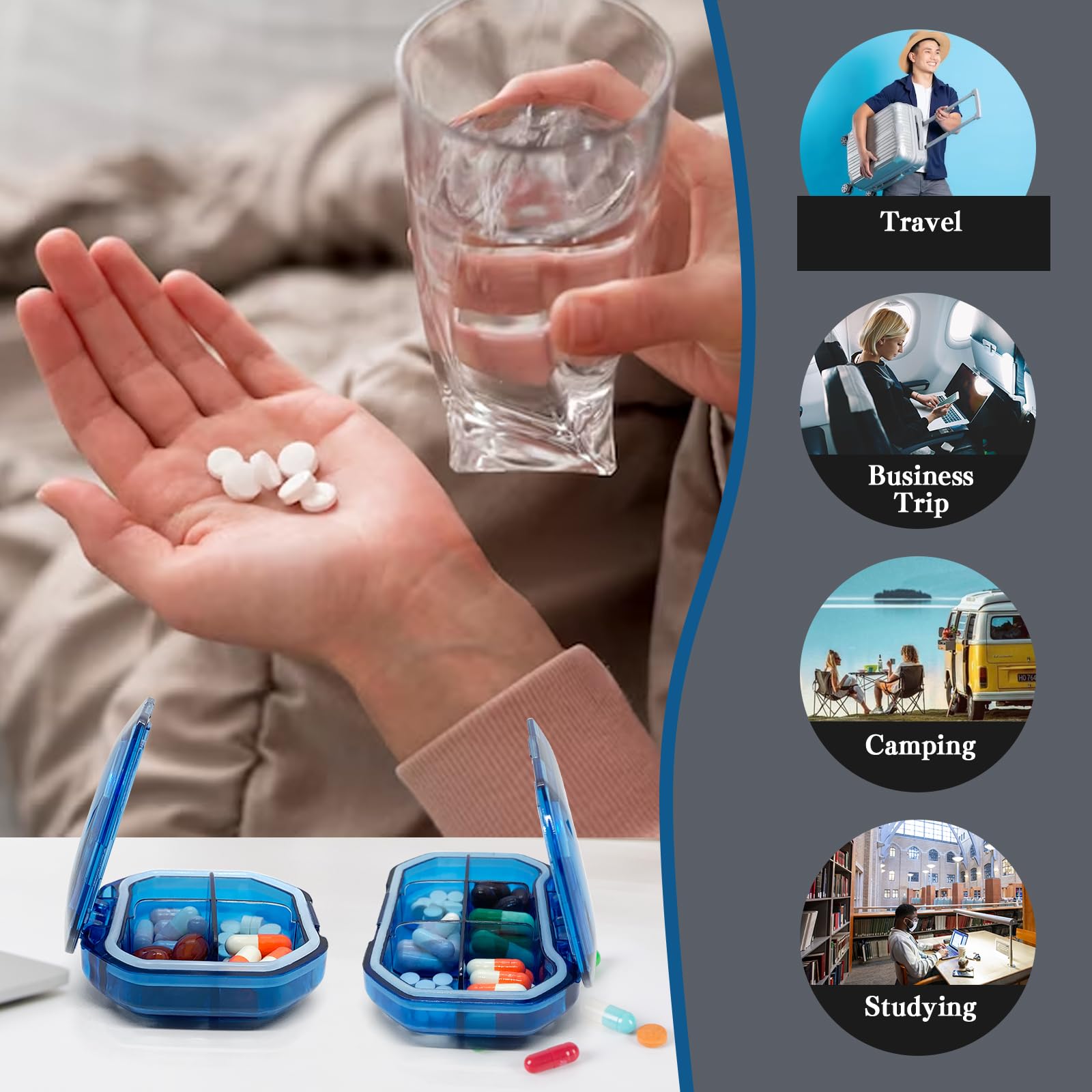 2PCS Travel Pill Box, Cute Pill Organizer, Small Pill Case, Portable Medicine Organizer for Purse, with 4 Compartments and 6 Compartments for Different Medicines
