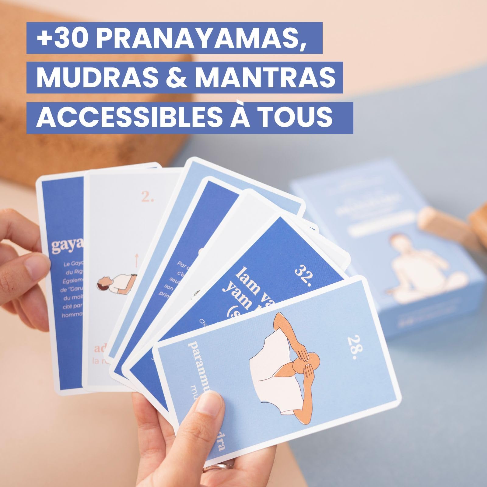 Yogasana jeu de carte français Pranayama - 60 cartes – Apprenez à respirer en conscience – Créez votre routine personnalisée - Illustrations de postures – Coffret ludique & accessible pour tous niveau