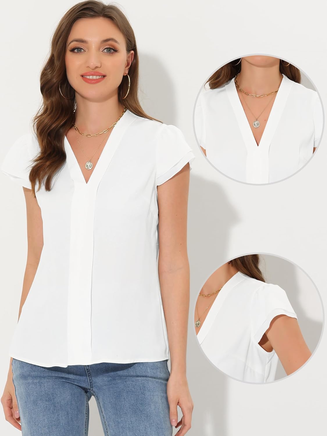 Allegra K Summer Office Tops for Women's V-Neck Solid Color Casual Chiffon Ruffle Sleeve Blouse - Image 2