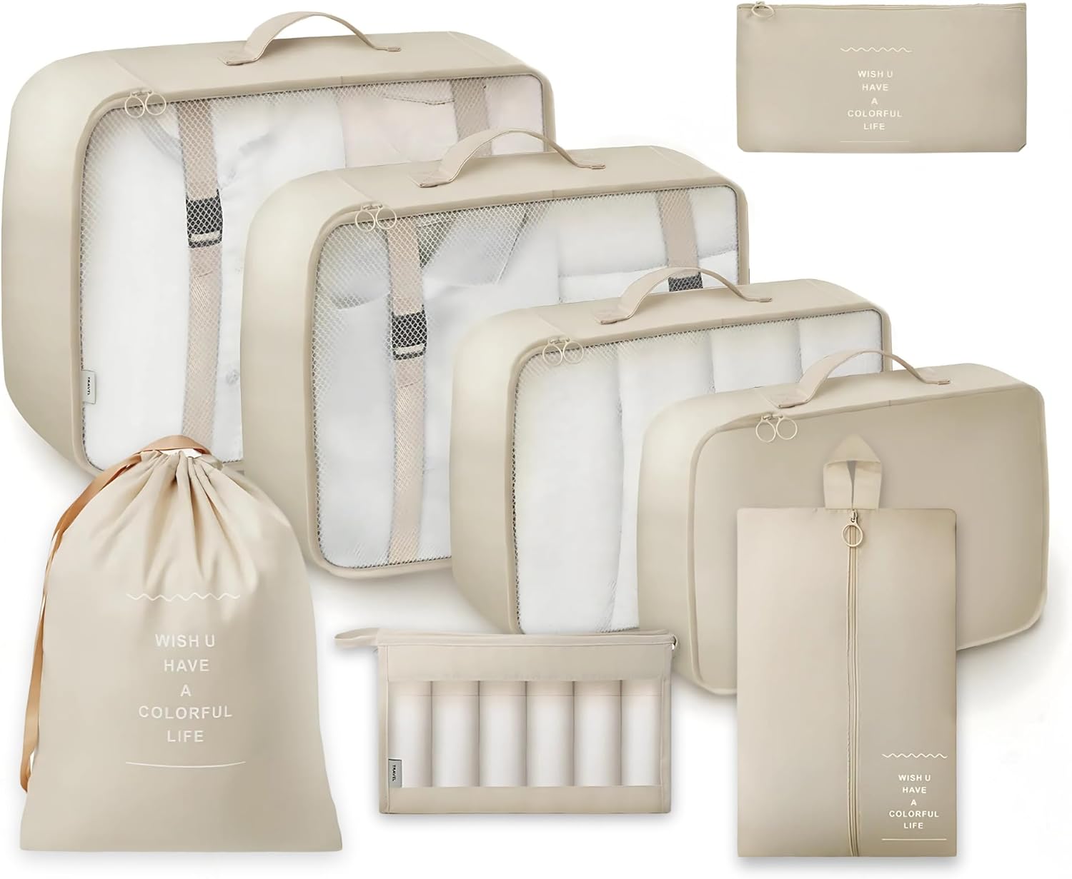 Nexso Beige Travel Organizer 8Pcs Set | Includes Packing Bags, Waterproof Packing Cubes, Toiletry & Shoe Bags – Compression Design for Luggage, Durable and Breathable Mesh for Easy Organization Nexso Beige Travel Organizer 8Pcs Set | Includes Packing Bags, Waterproof Packing Cubes, Toiletry & Shoe Bags – Compression Design for Luggage, Durable and Breathable Mesh for Easy Organization