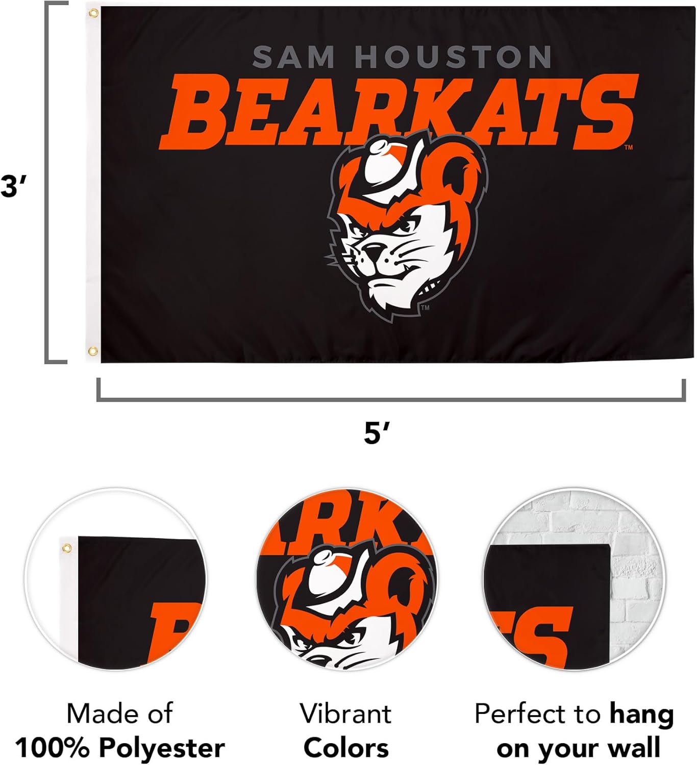 Desert Cactus Sam Houston State University SHSU Flag - 3 x 5 Feet Bearkats Banner, Indoor/Outdoor Durable Fabric, 100% Polyester Design (Style 3a)