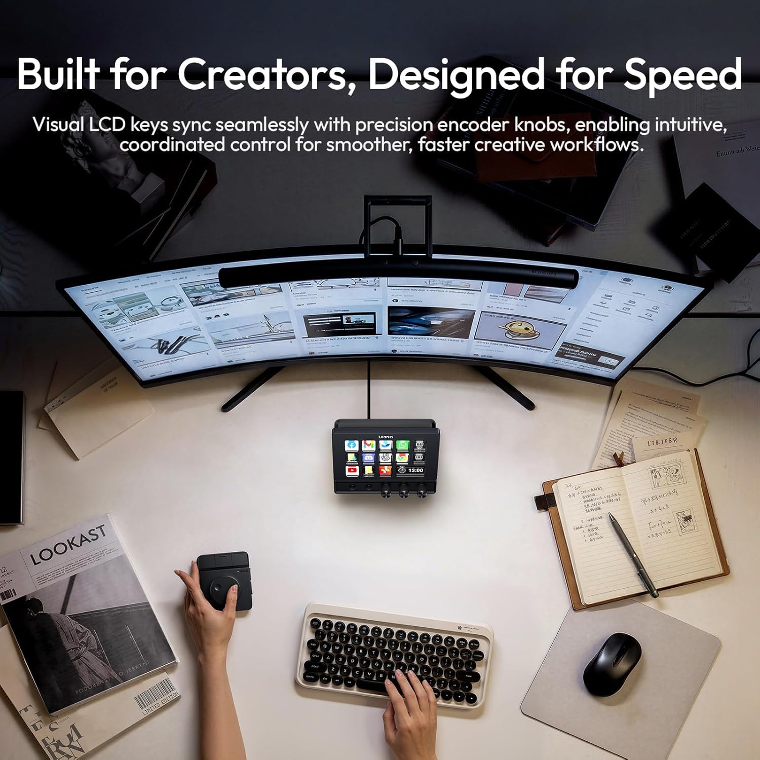 ULANZI D200X Controlador de Streaming con 3 Mandos, Teclado Macro con 14 Teclas LCD Personalizables y Estación de Acoplamiento con Concentrador USB-C 8 en 1 y Salida HDMI 4K para Fotografía y PC