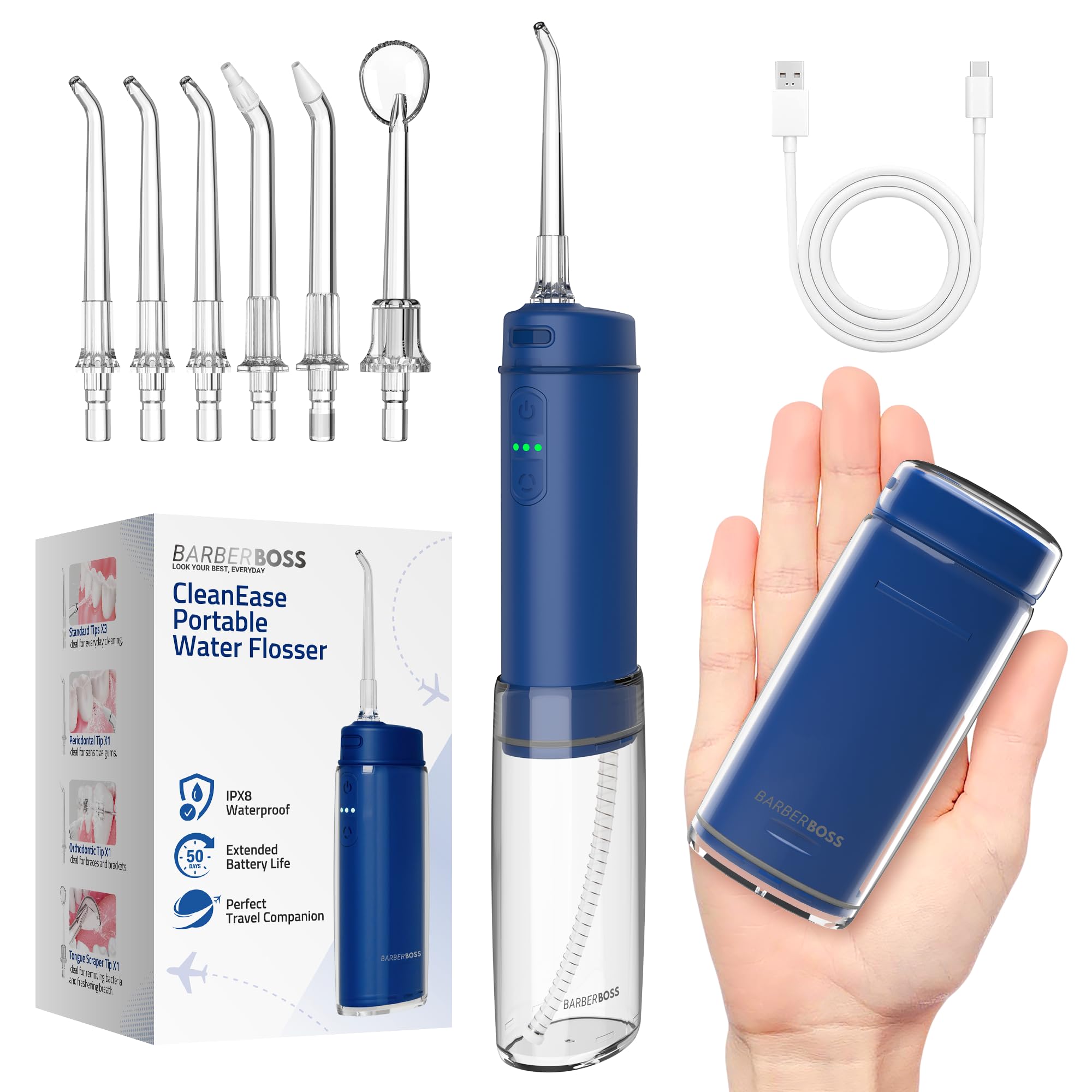 BarberBoss Flosser tascabile, irrigatore orale portatile per denti, 6 punte intercambiabili e design ricaricabile USB-C, idropulsore da viaggio con 3 modalità di pressione, QR-7116 (blu navy)
