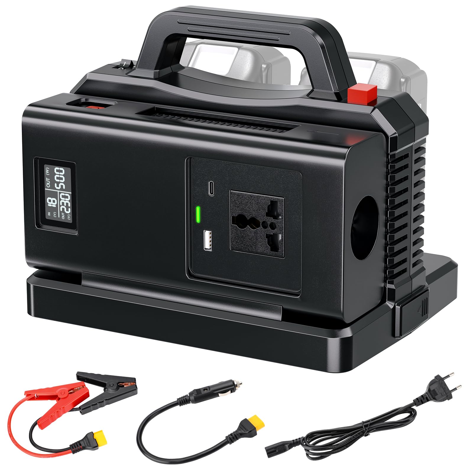 2-in-1 Wechselrichter Ladegerät für Makita 18V Akku, 500W Spannungswandler, 2-Port DC 18V Auf AC 230V Reiner Sinus Wechselrichter, Stromwandler für Camping, Wohnmobil(Batterie Nicht Enthalten)