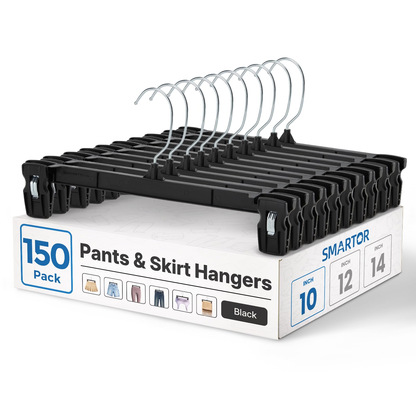Smartor - Perchas negras para pantalones, paquete de 150, perchas para