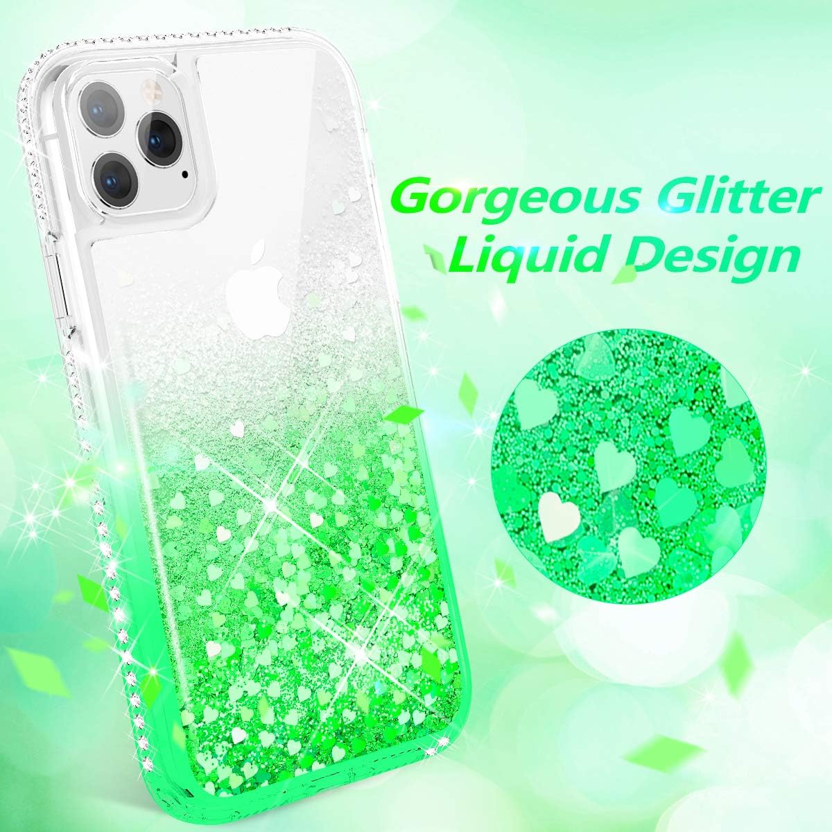 Ruky iPhone 11 Pro Max Case, Full Body Glitter Floating Liquid Bling Cover with Screen Protector Heavy Duty Rugged Shockproof Protective Girls Women Case for iPhone 11 Pro Max 6.5 inches 2019, Green