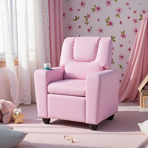 Miniatura 9 de LDAILY Silla reclinable para niños, de piel sintética, con soporte para tazas, reposapiés ajustable, sofá ergonómico para niños y niñas, sala de