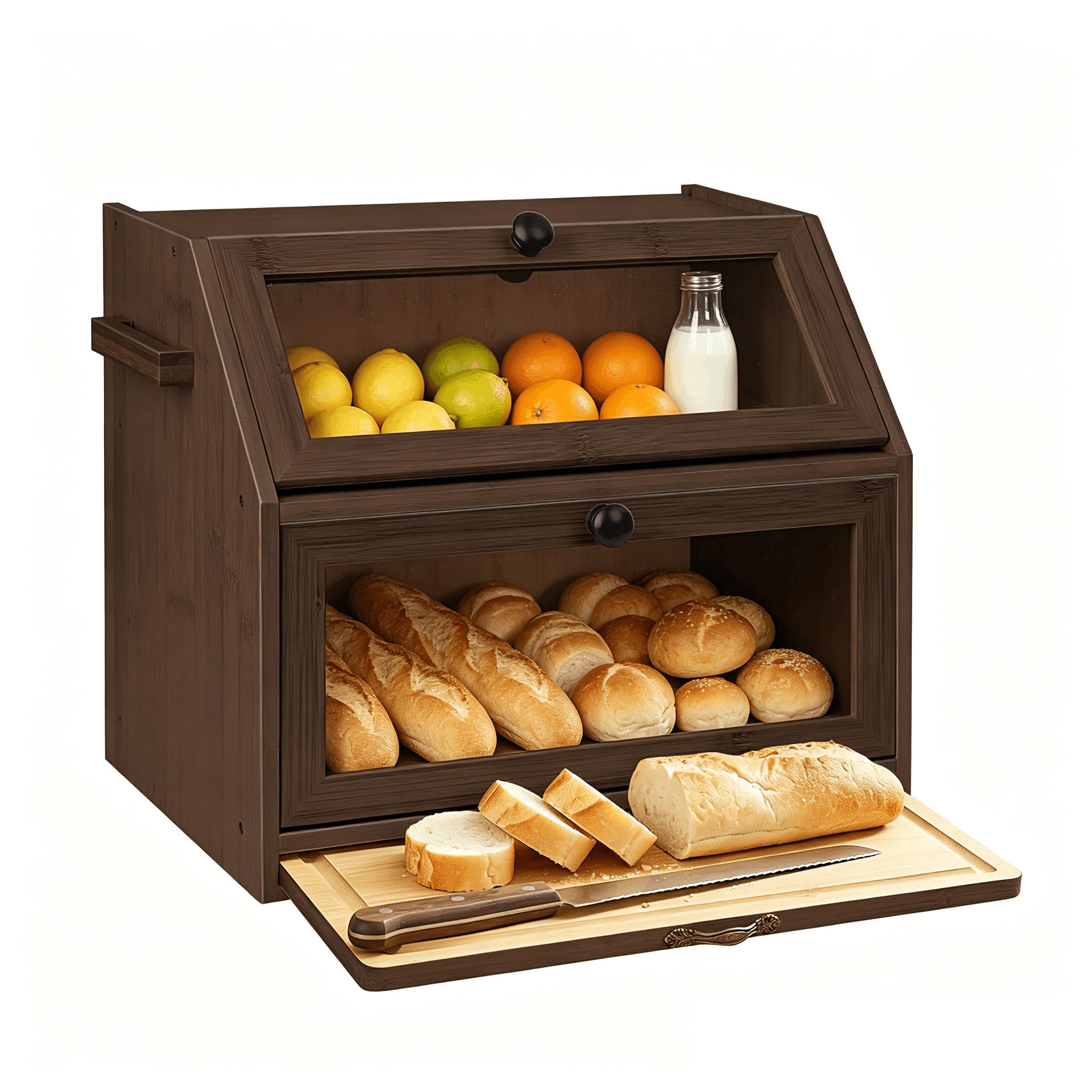 Panera de bambú con tabla de cortar y ventana, almacenamiento de pan de 2 niveles para cocina, resistente al polvo y a la humedad, 39 x 26 x 33 cm, almacenamiento de cuchillos, color negro